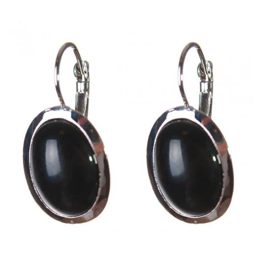 Clearance. Black Agate Earrings with Smooth Bezel, Oval Stone, 2.2 × 1.8 cm, Length 3.2 cm
