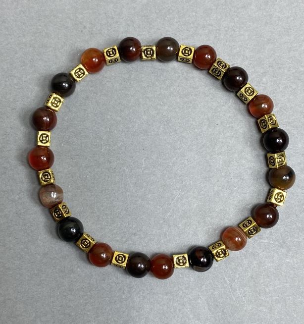 Tiger's Eye and Agate Bracelet with Smooth 6mm Beads, Metal Inserts, 18 cm Stretch Bracelet