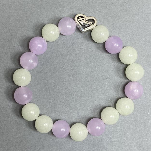Kunzite and Onyx Bracelet with Smooth 10mm Beads, Metal Inlays, 18 cm Length, Stretch