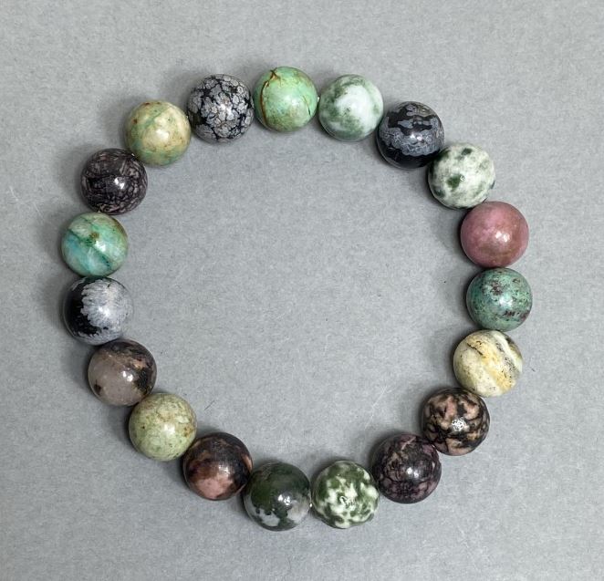 Bracelet with moss agate, rhodonite and jasper beads, 10 mm, 18 cm stretch