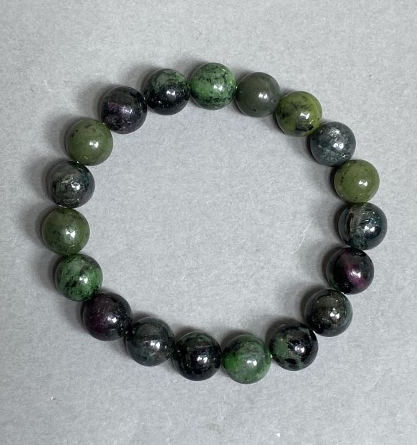 Bracelet with Seraphinite, Jadeite, and Zoisite - Smooth 10 mm Beads, Length about 18 cm, Stretch