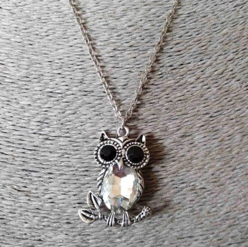 Owl on a Branch Pendant on Chain with White Crystal, 52 cm Chain Length, 3.5 cm Diameter