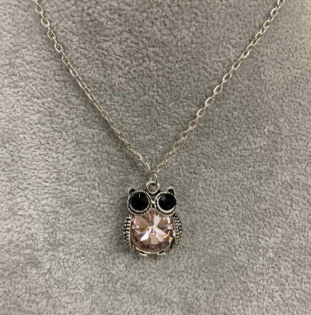 Pendant on chain 'Owl on a Branch' with pink crystal, length 52 cm, diameter 3.5 cm
