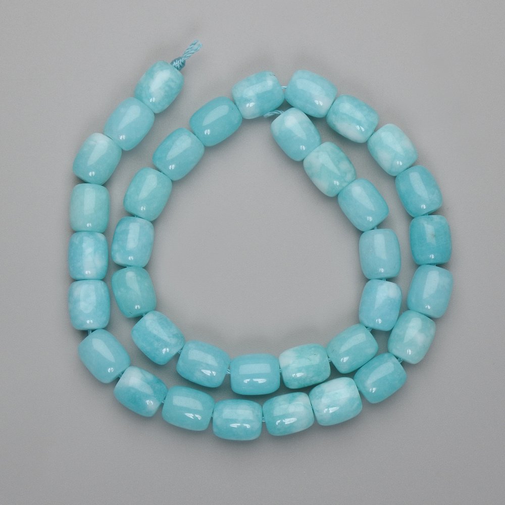 Aquamarine barrel beads, 10 mm diameter, 5x9 mm, on thread, 38 cm length