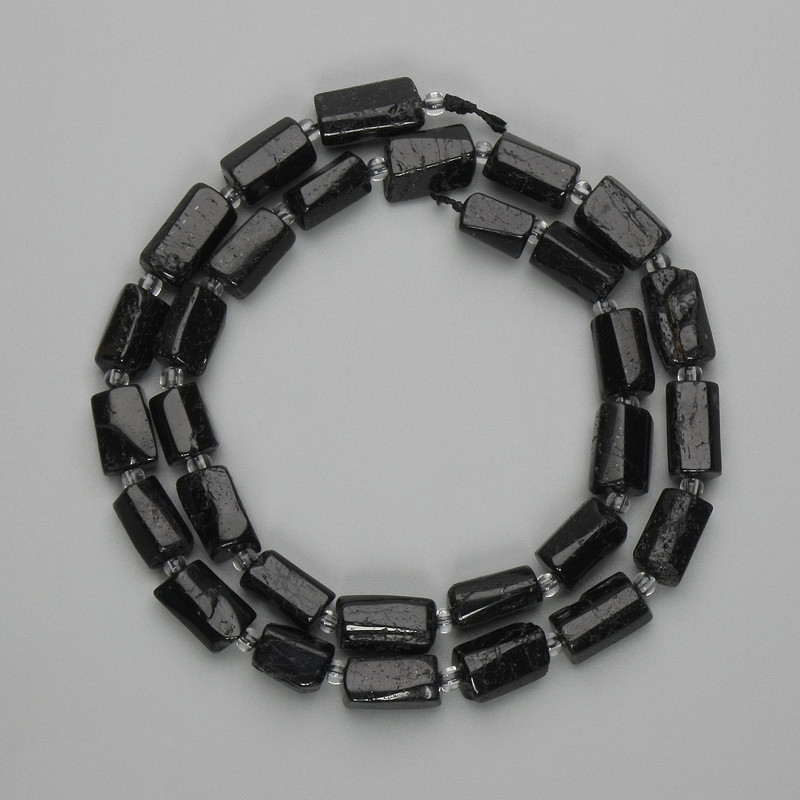 Beads, Black Tourmaline, Faceted, 11-12×6-7 mm, 5 mm+ beads, Seed beads 3 mm+, Length approx. 40 cm on thread