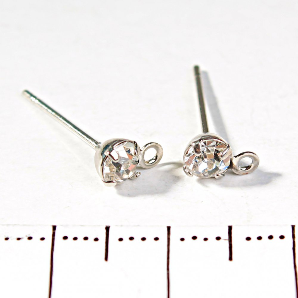 Findings for stud earrings with crystal and hanging loop, light finish, 15mm, pack of 20 pcs