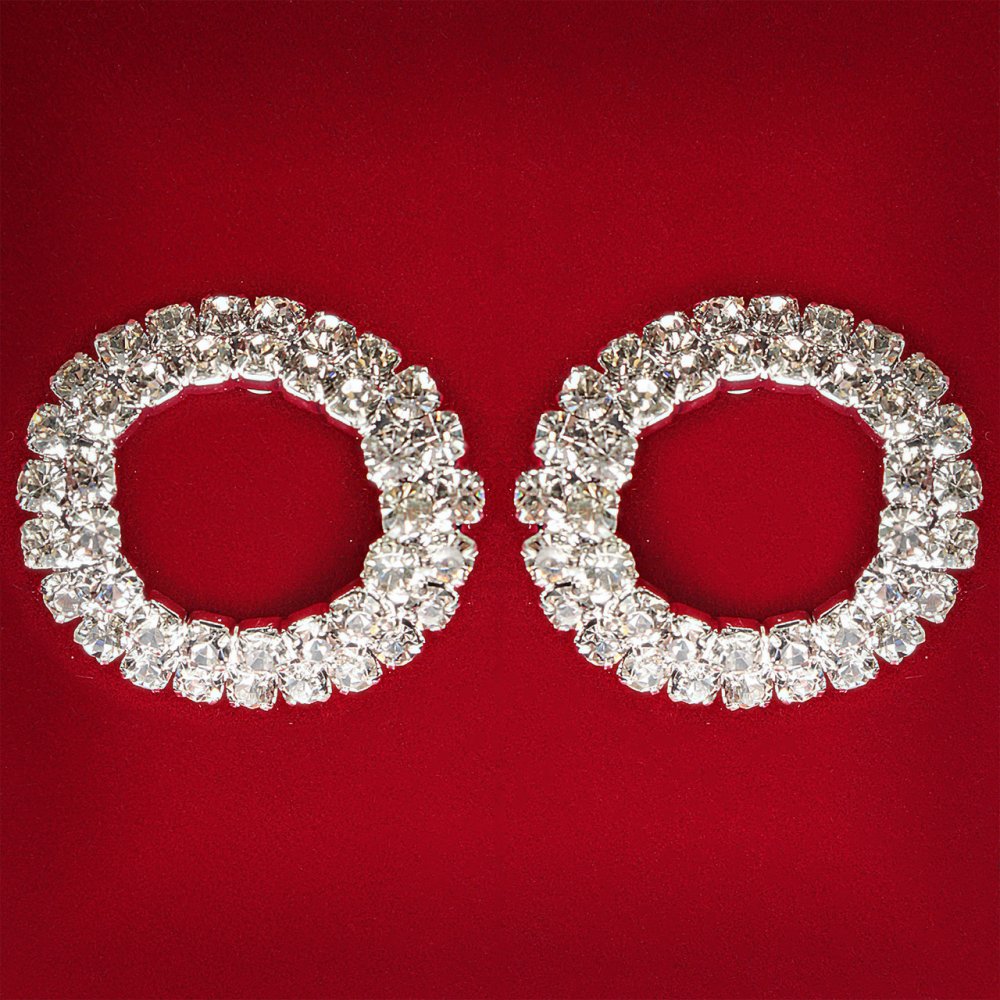 (25 mm) Women's Earrings with White Rhinestones, Light Metal, Wedding and Evening Studs, Round Donut Medium