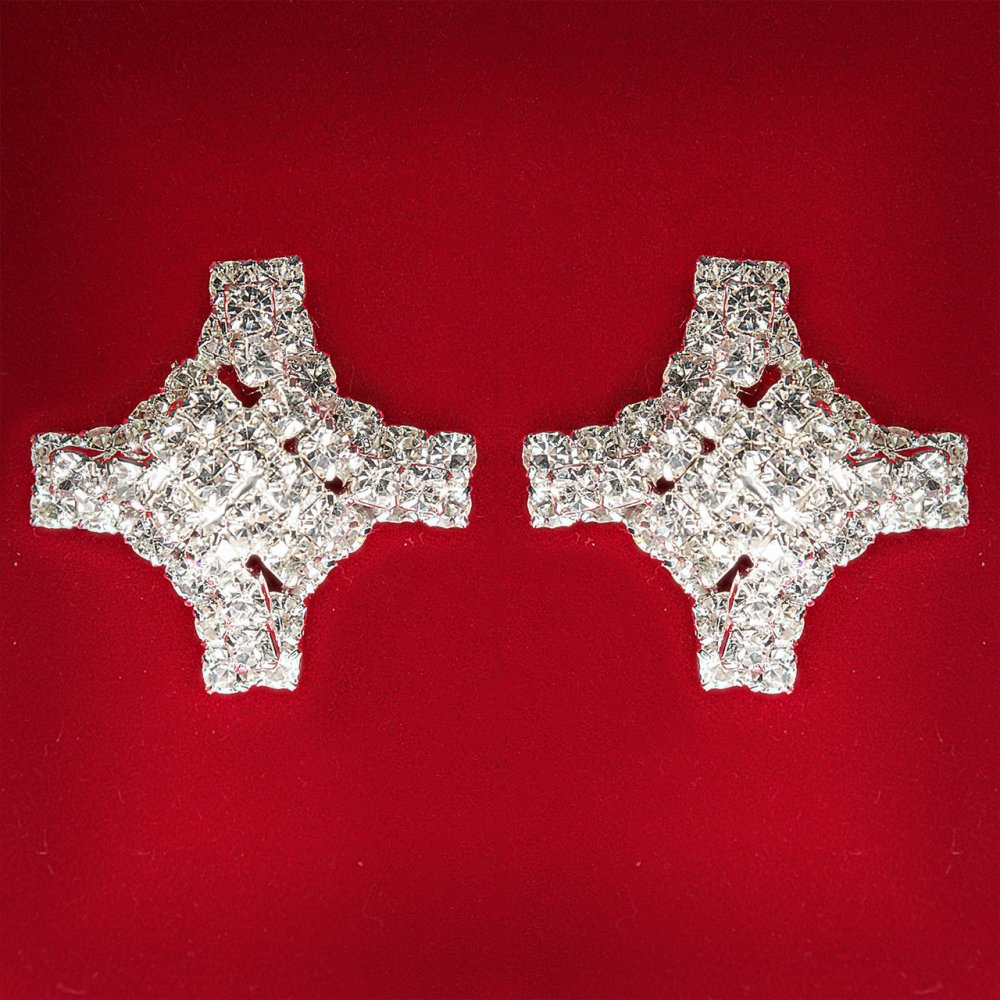(25x25 mm) Women's earrings with white crystals, light metal, wedding and evening studs, large cross