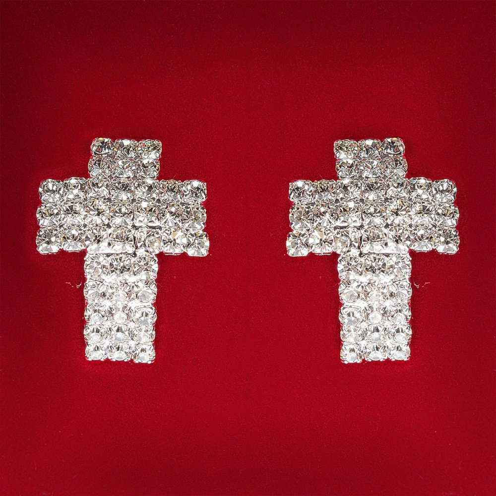 Women's earrings with white crystals, light metal, wedding and evening studs, cross-shaped, large 25mm