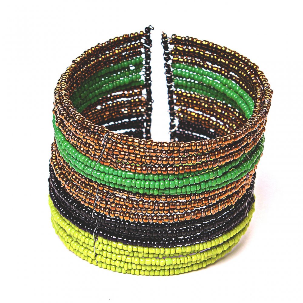 Beaded Bracelet with Clasp - Black, Green, Yellow, Amber