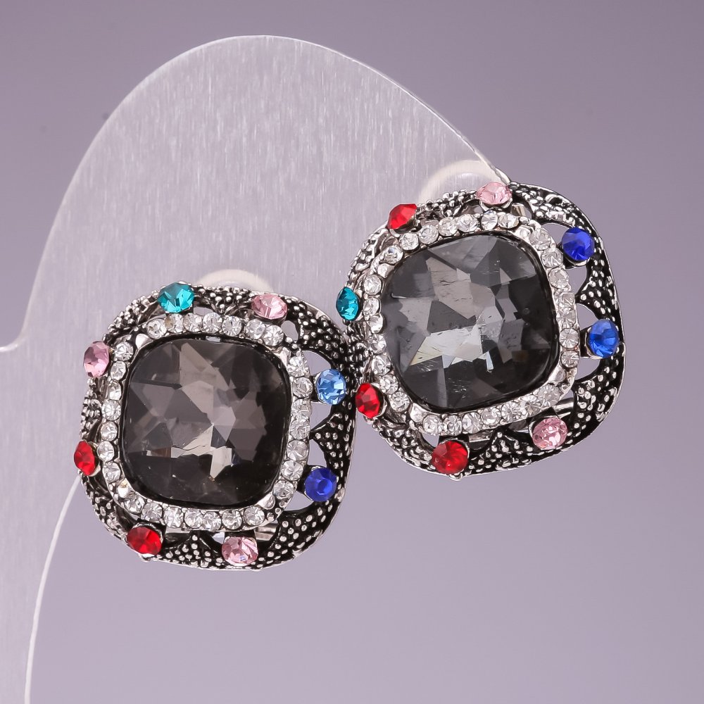 Earrings 2.3 cm Rainbow Square Crystals Gray