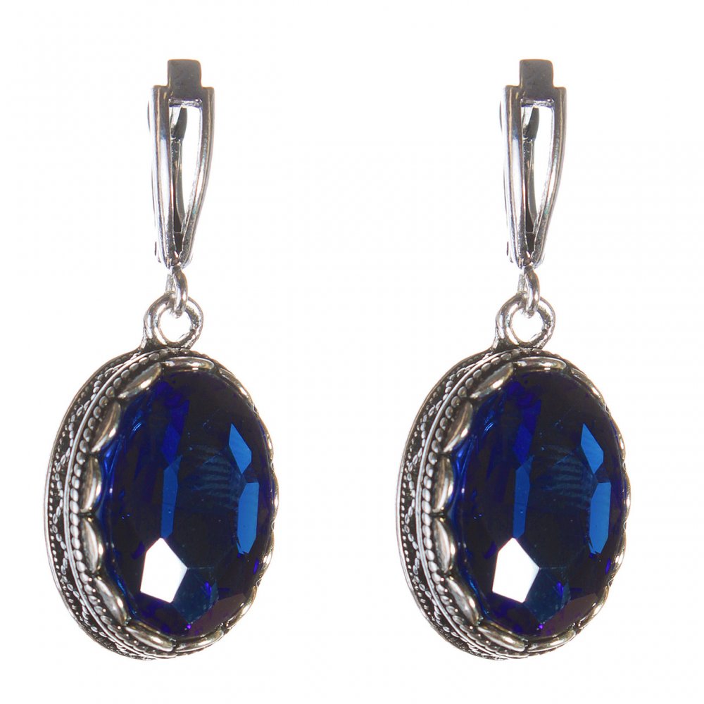 Earrings with blue crystals in a prong setting, oval stone 2 × 1.6 cm, length 4 cm