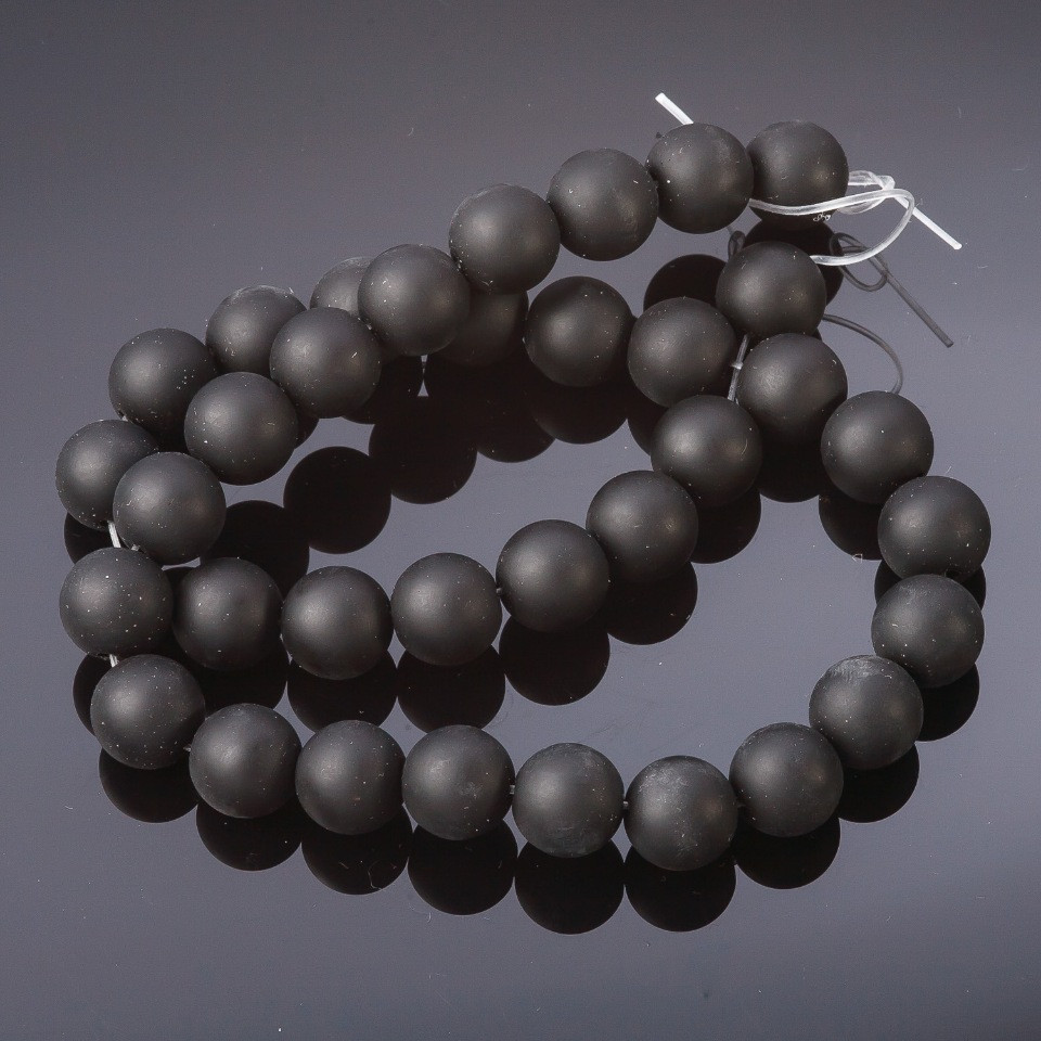 Shungite Beads, Smooth Ball on Thread (synthetic), Diameter 12mm, Length 37cm