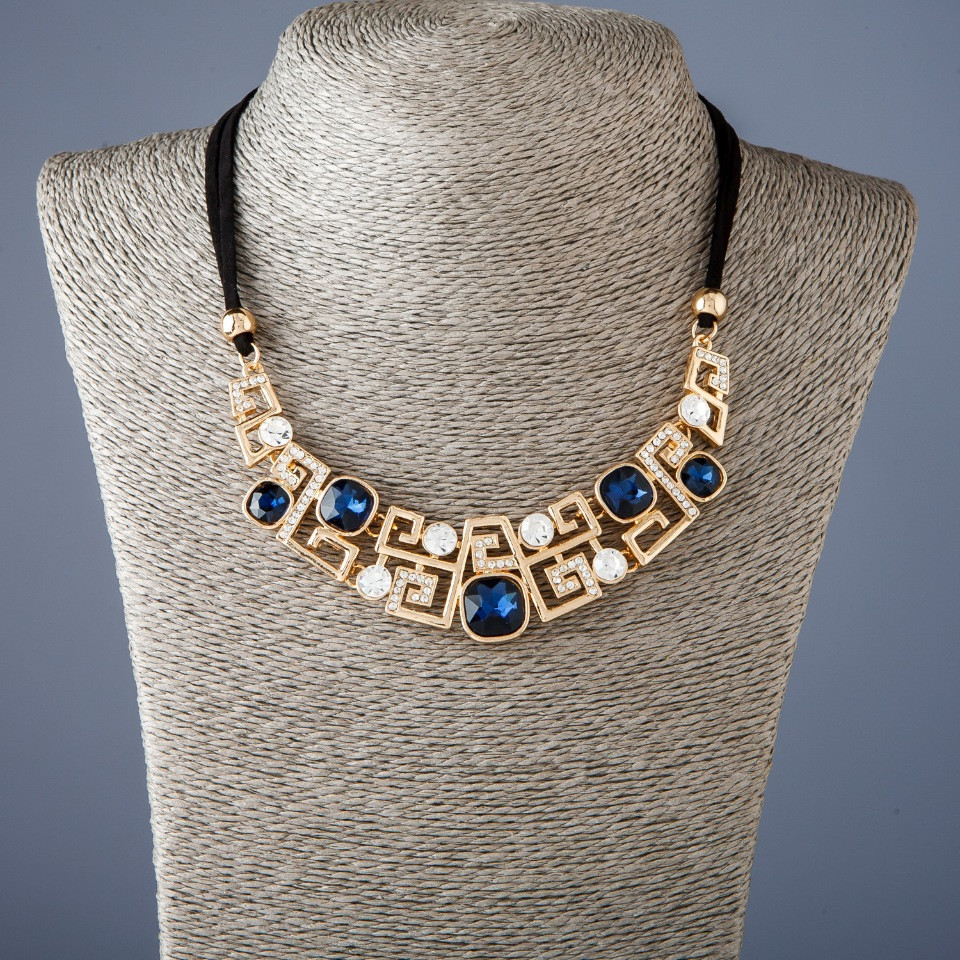 Ribbon Necklace with Blue Crystals, 50 cm Length - Metal Color 'Gold'