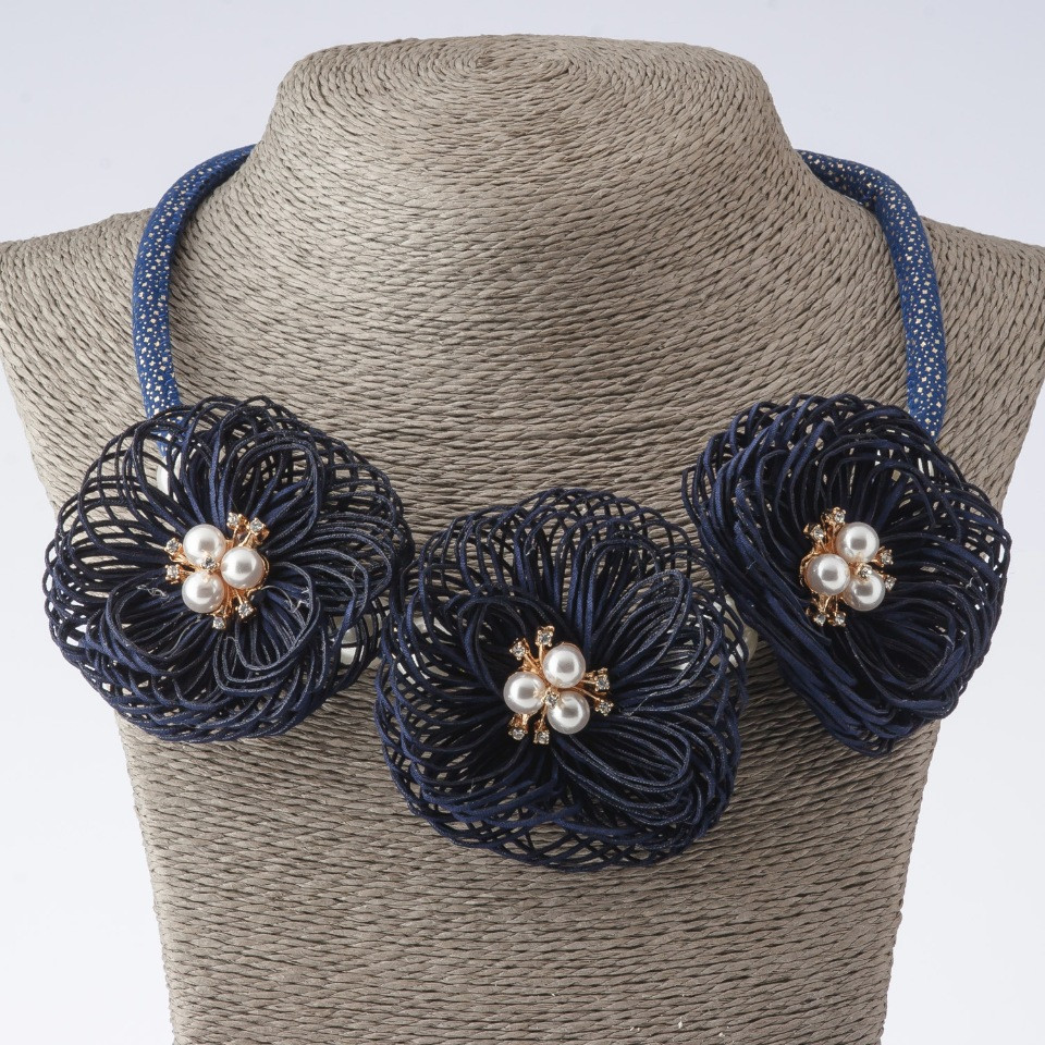 Cord Necklace Velvet Calendula, Textile Fashion Blue, Length 48-55 cm