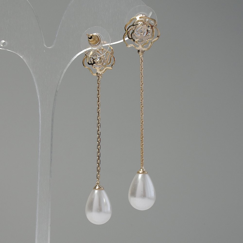 Long High-Tech Earrings Roses, length 7 cm, metal color 'gold'