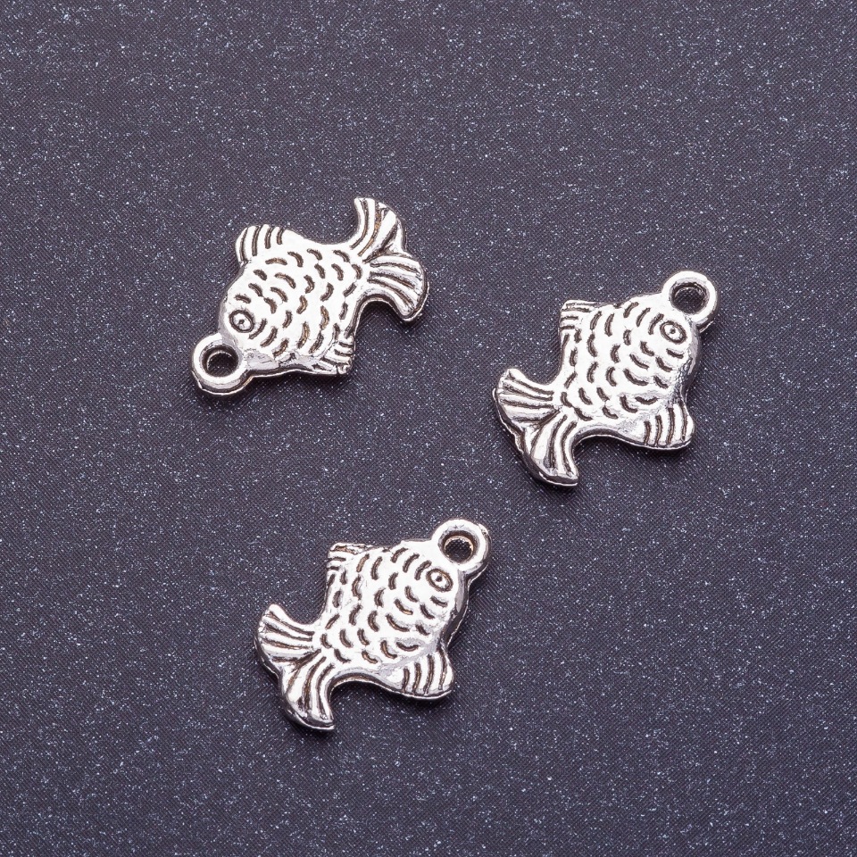 Fish pendant finding, length 16mm, diameter 1-1.5mm, silver color finish, packaging 20g, +-22 pcs