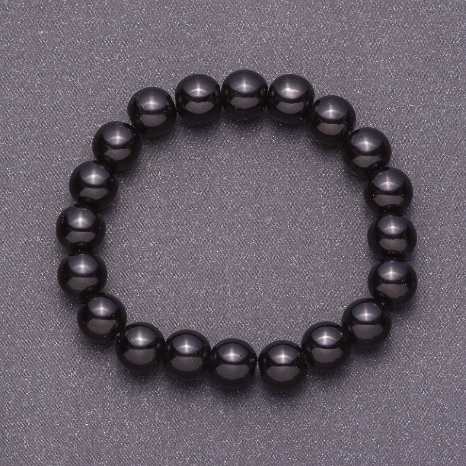Bracelet made of natural black agate (pressed) smooth bead, 10 mm diameter, on elastic, 18 cm circumference