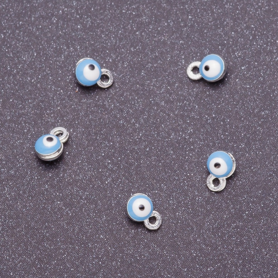 Pendant findings 'Eyes', diameter 4 mm, length 6 mm, blue enamel, gray metal finish. 14 pcs