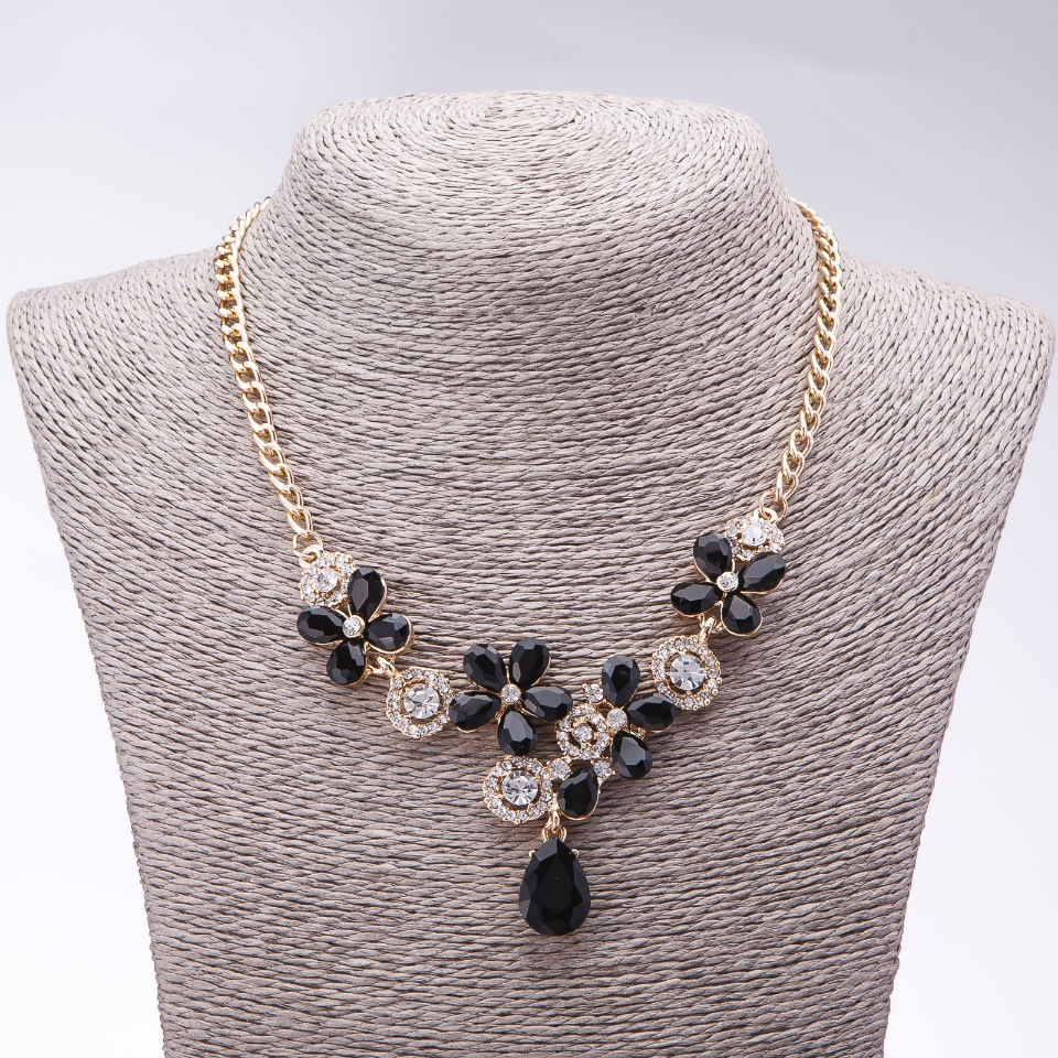 Evening necklace with black crystals 'Precious Flowers', length 42-49 cm