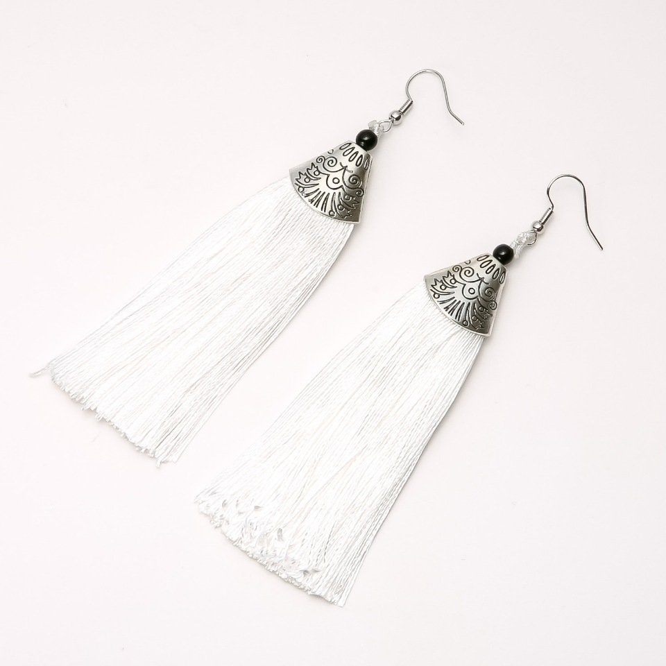Tassel Earrings 'Almina' White, 10 cm long