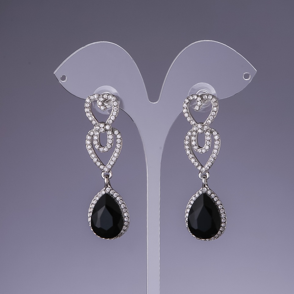 Earrings with Black Crystals, 5.5 cm length, Gray Metal