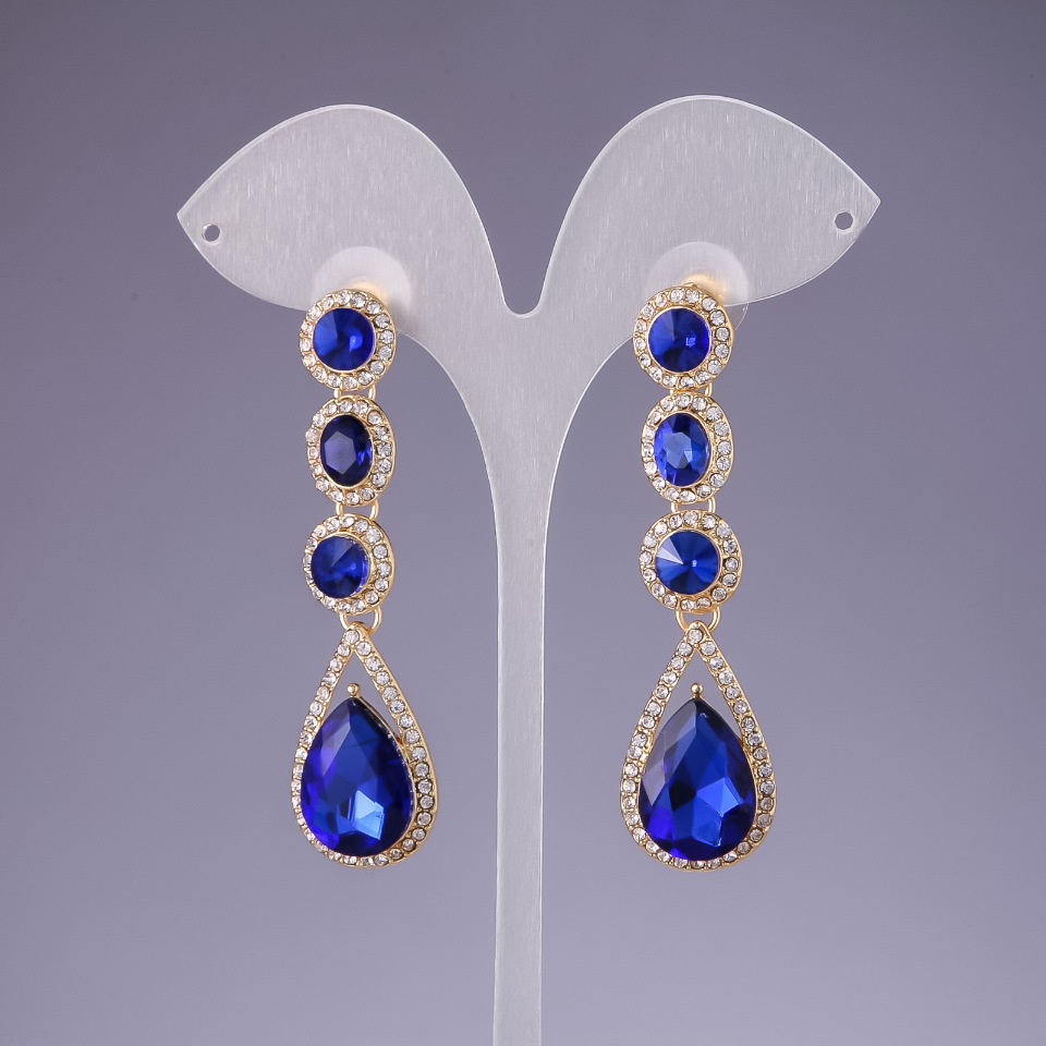 Earrings with blue crystals, 6 cm length, yellow metal