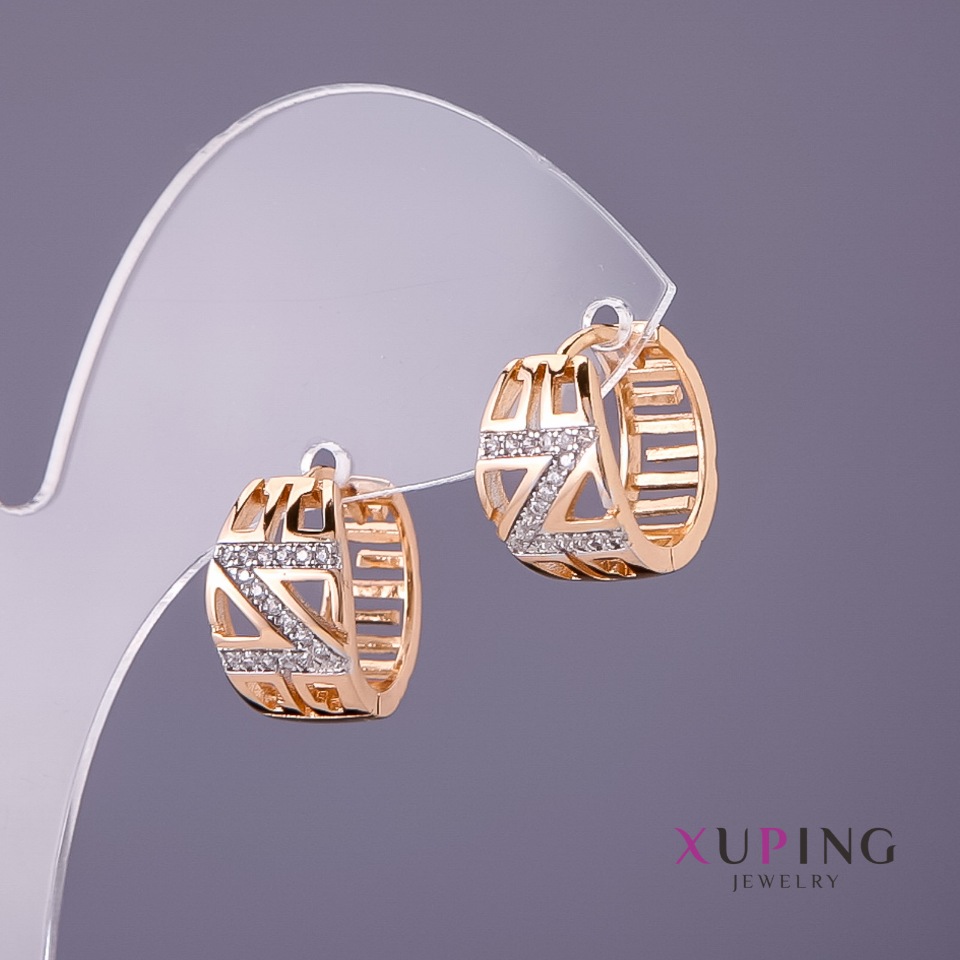 Xuping Earrings with White Crystals, 8 mm Diameter, 14 mm Length, Gold Color