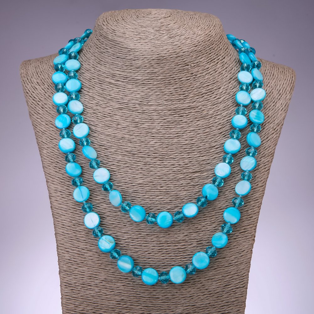 Long Necklace with Blue Mother-of-Pearl Coin, 120 cm