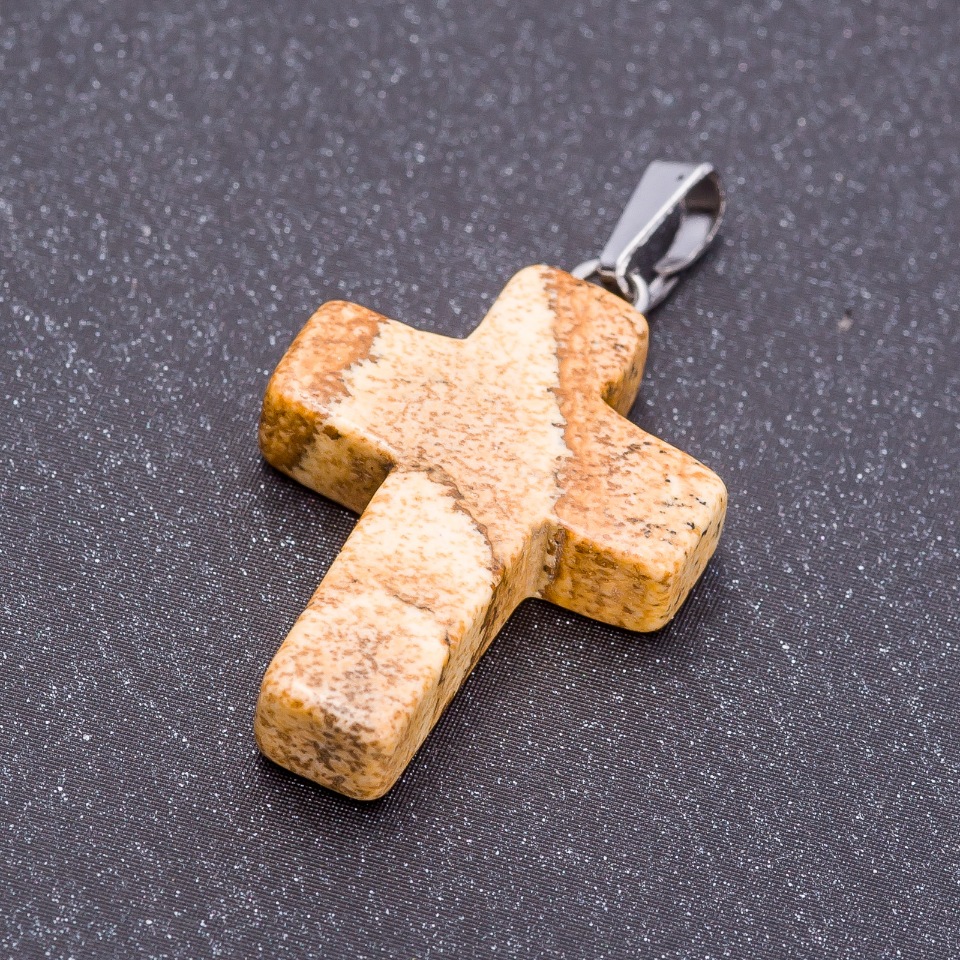 Cross Pendant with Picture Jasper Stone 18x27 mm