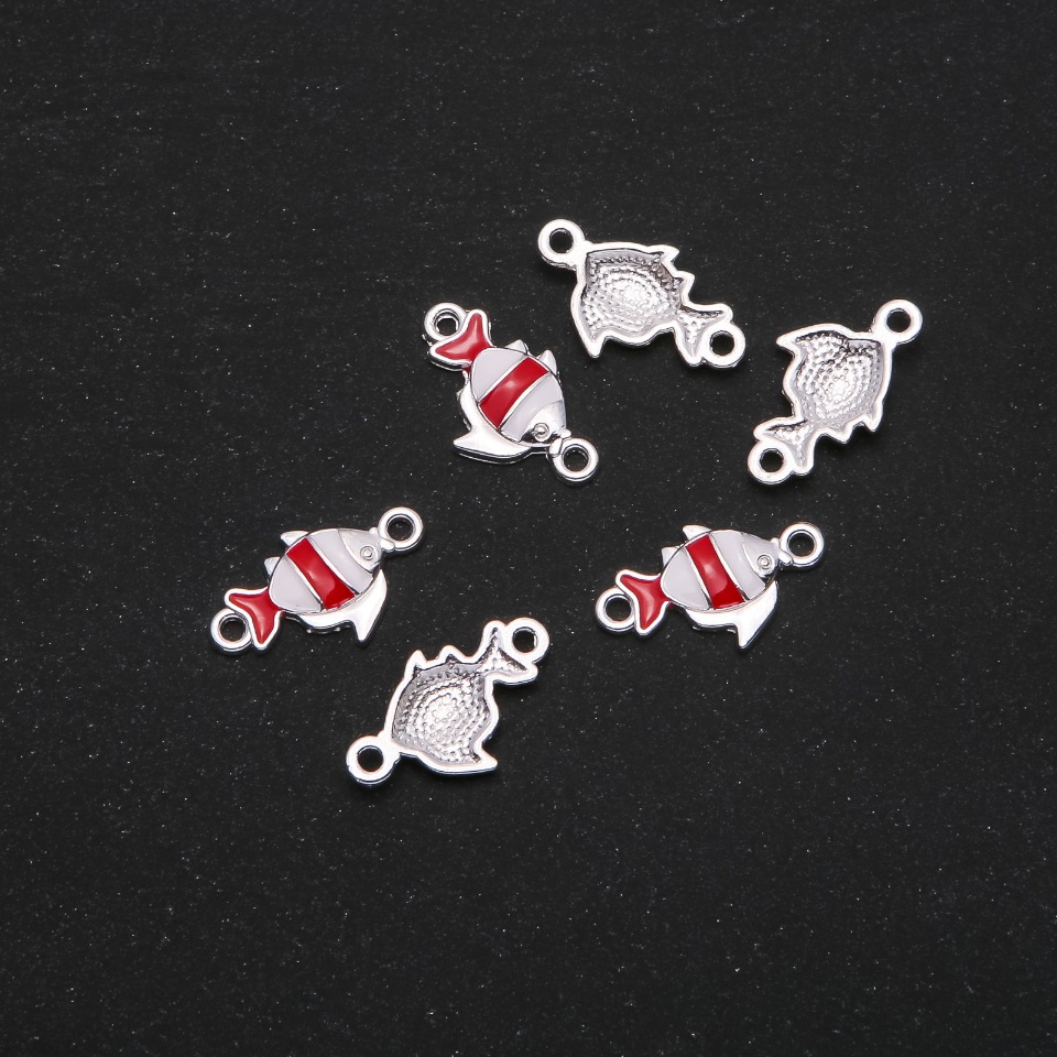 Findings 'Fish' Connector with Red Enamel 22x13mm, Pack of 6, Gray Metal