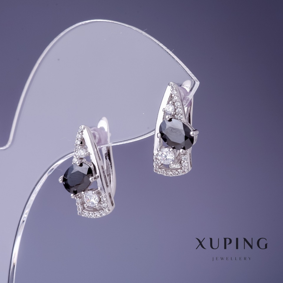 Xuping Earrings 17x8mm Rhodium-Coated with Black Stone