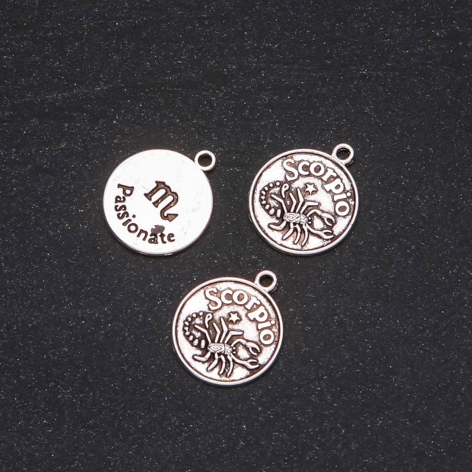 Pendant Finding Zodiac Scorpio, 17mm diameter, packaging 20 g +/- 10 pcs