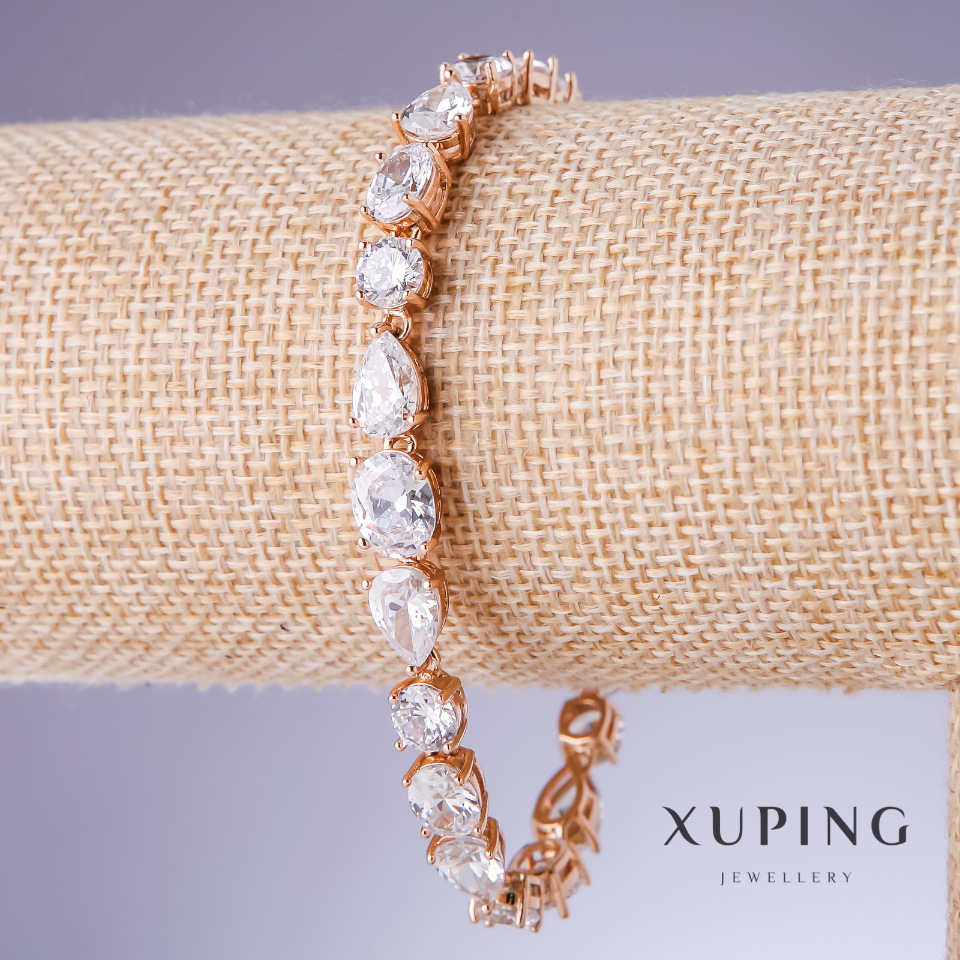 Xuping Bracelet with White Zircons, 7 mm Thickness, Length 18.5–20 cm, 18K Gold Plating