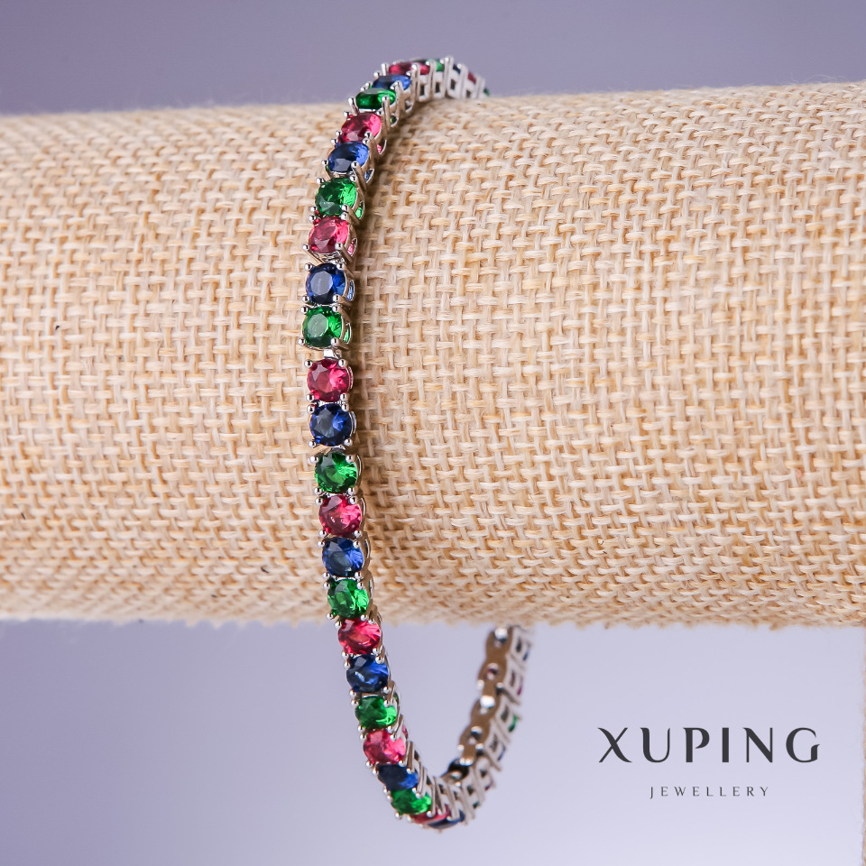 Xuping Bracelet with Multicolored Cubic Zirconia, 4 mm Thick, 18–20 cm Long, Rhodium 18K Plating