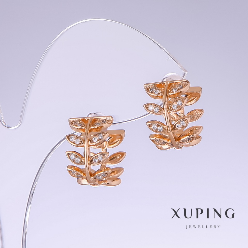 Xuping Branches Earrings with White Zircon, 15 mm long, 10 mm thick, 18K gold plating