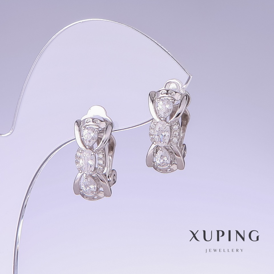 Xuping Earrings with White Cubic Zirconia, 17 mm long, 8 mm thick, Rhodium-Plated