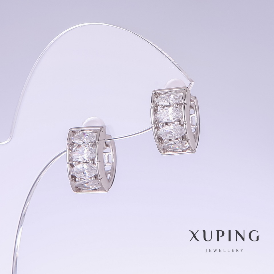 Xuping Earrings with White Zircons, 14mm long, 7mm thick, Rhodium-plated