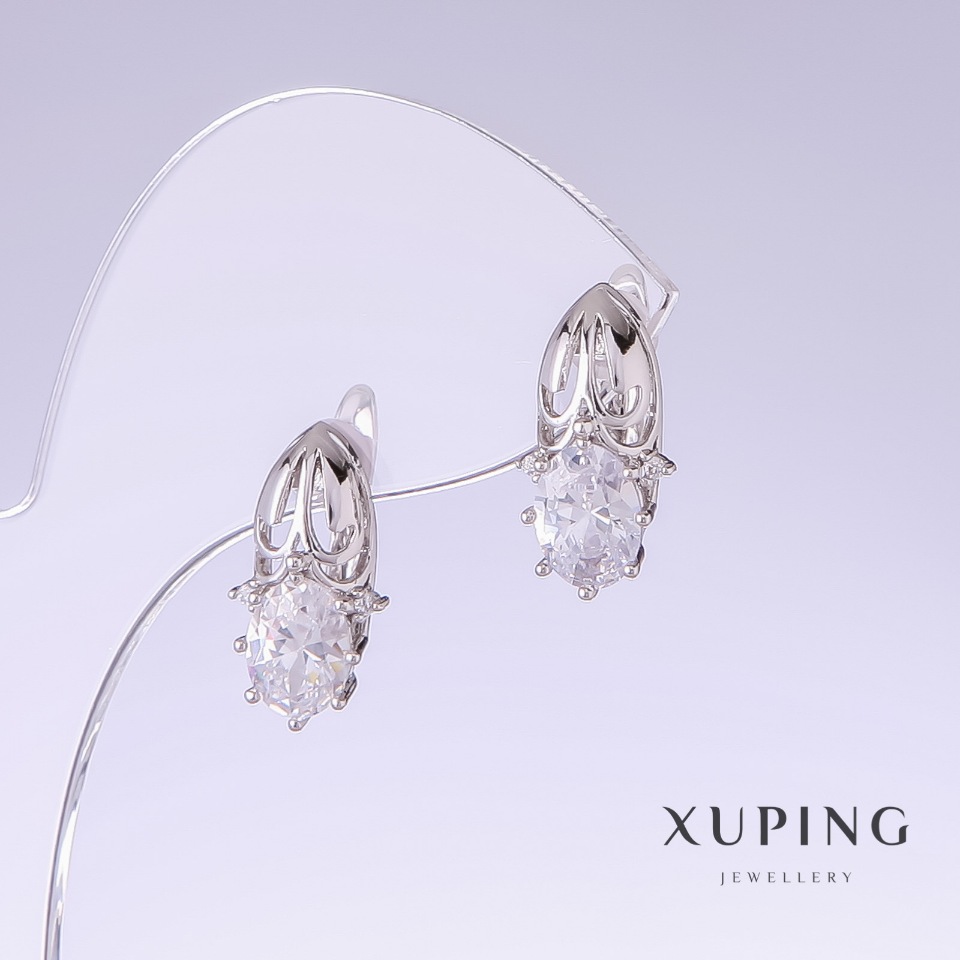 Xuping Earrings with White Zirconia, 17 mm long, 9 mm thick, Rhodium