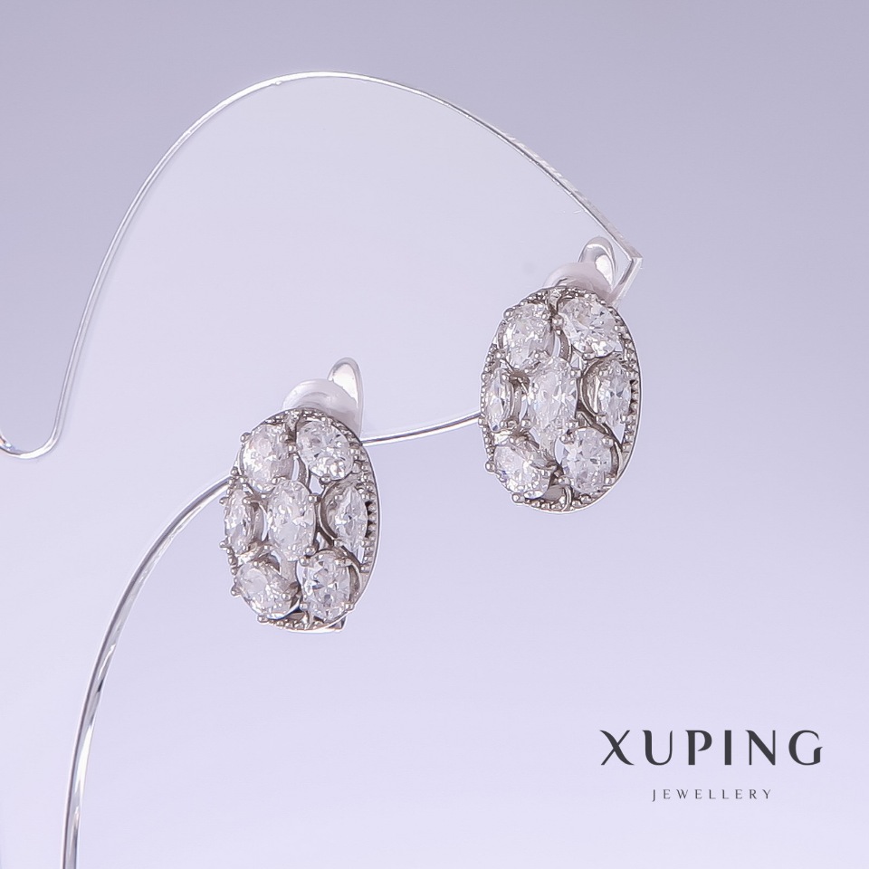Xuping Earrings with White Zirconia, 14 mm long, 10 mm thick, Rhodium-plated