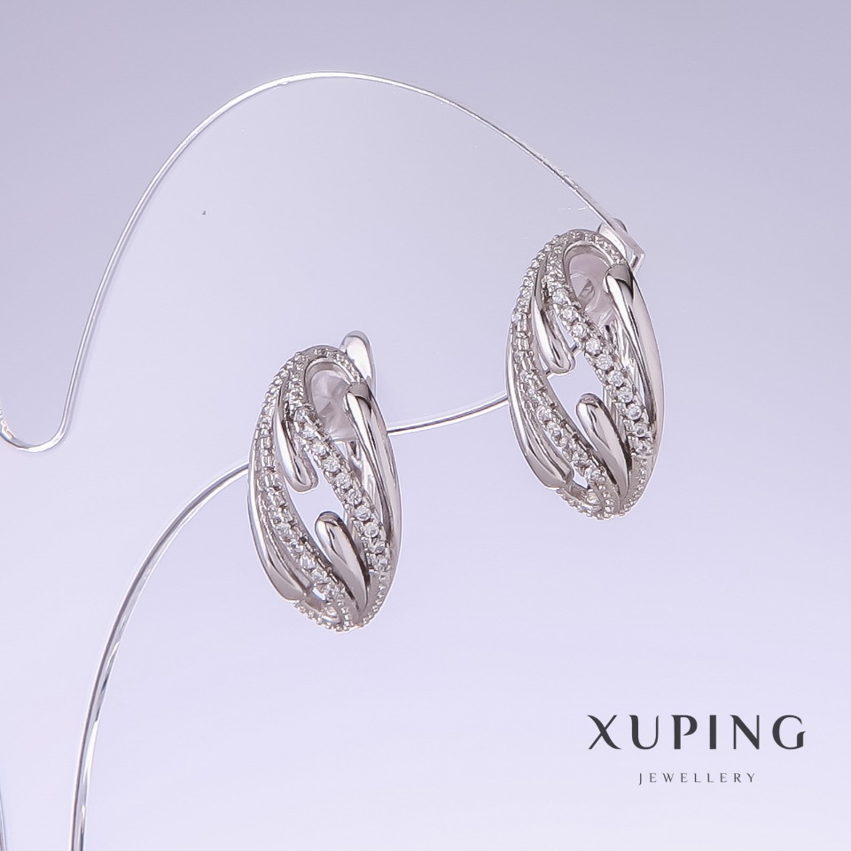 Xuping Earrings with White Stones, 18 mm long, 9 mm thick, Rhodium-Plated