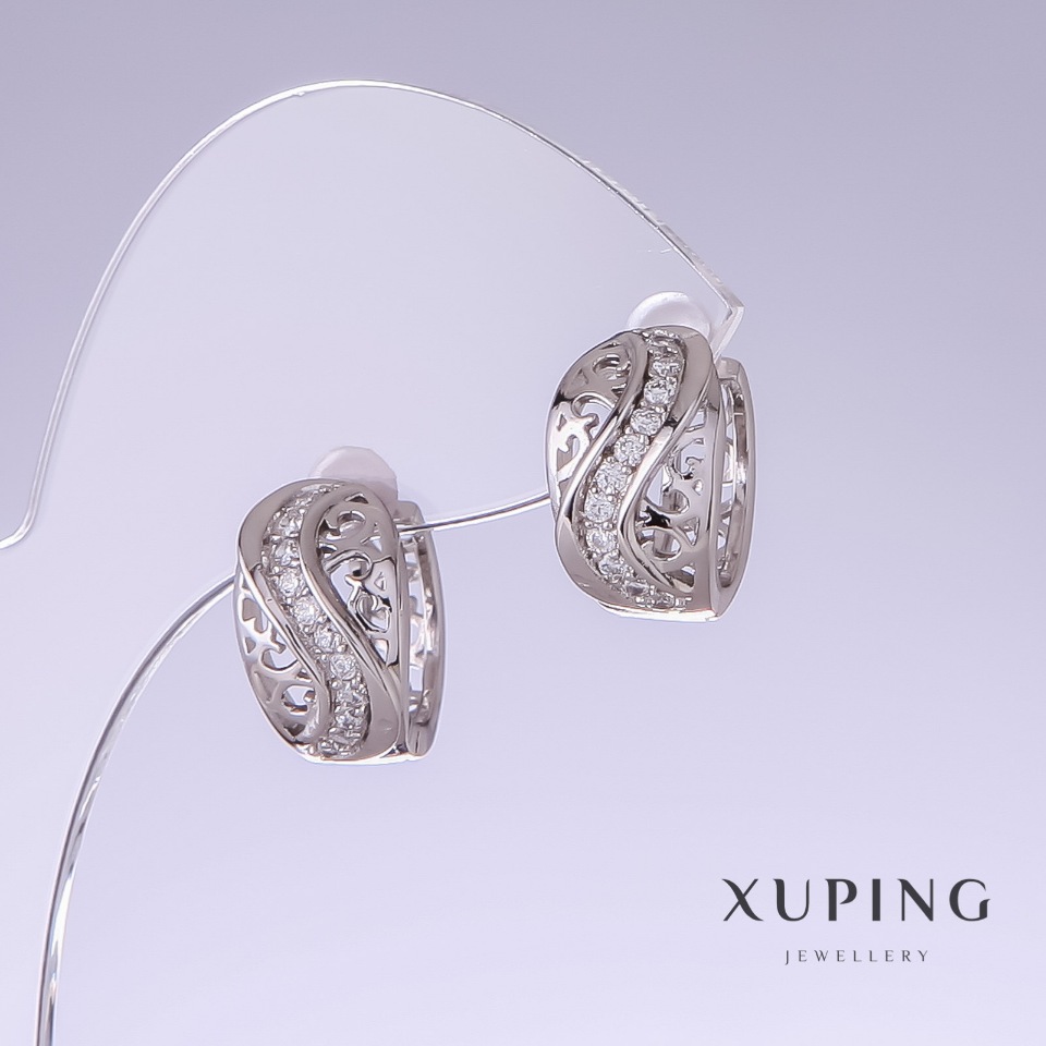 Xuping Earrings with White Rhinestones, 15 mm Length, 10 mm Thickness, Rhodium-Plated