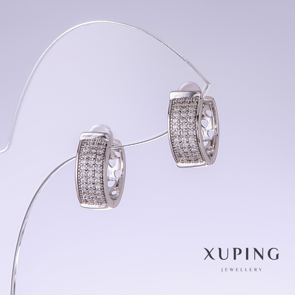 Earrings Xuping with White Cubic Zirconia Stones, 15 mm long, 6 mm thick, rhodium-plated