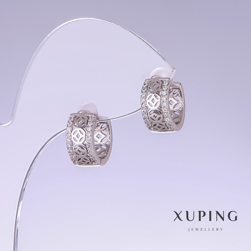 Xuping Earrings, length 13 mm, thickness 6 mm, rhodium-plated with white crystals
