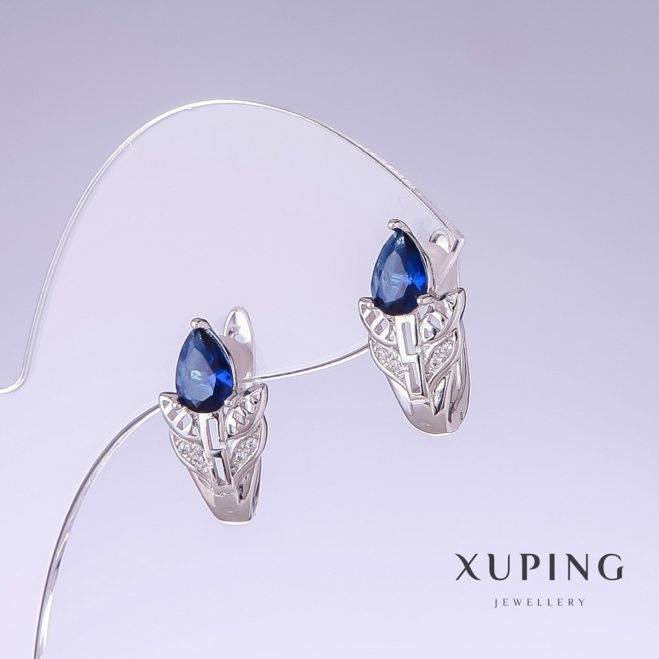 Xuping Earrings with Blue Zircons, 19mm Length, 10mm Thickness, Rhodium-Plated