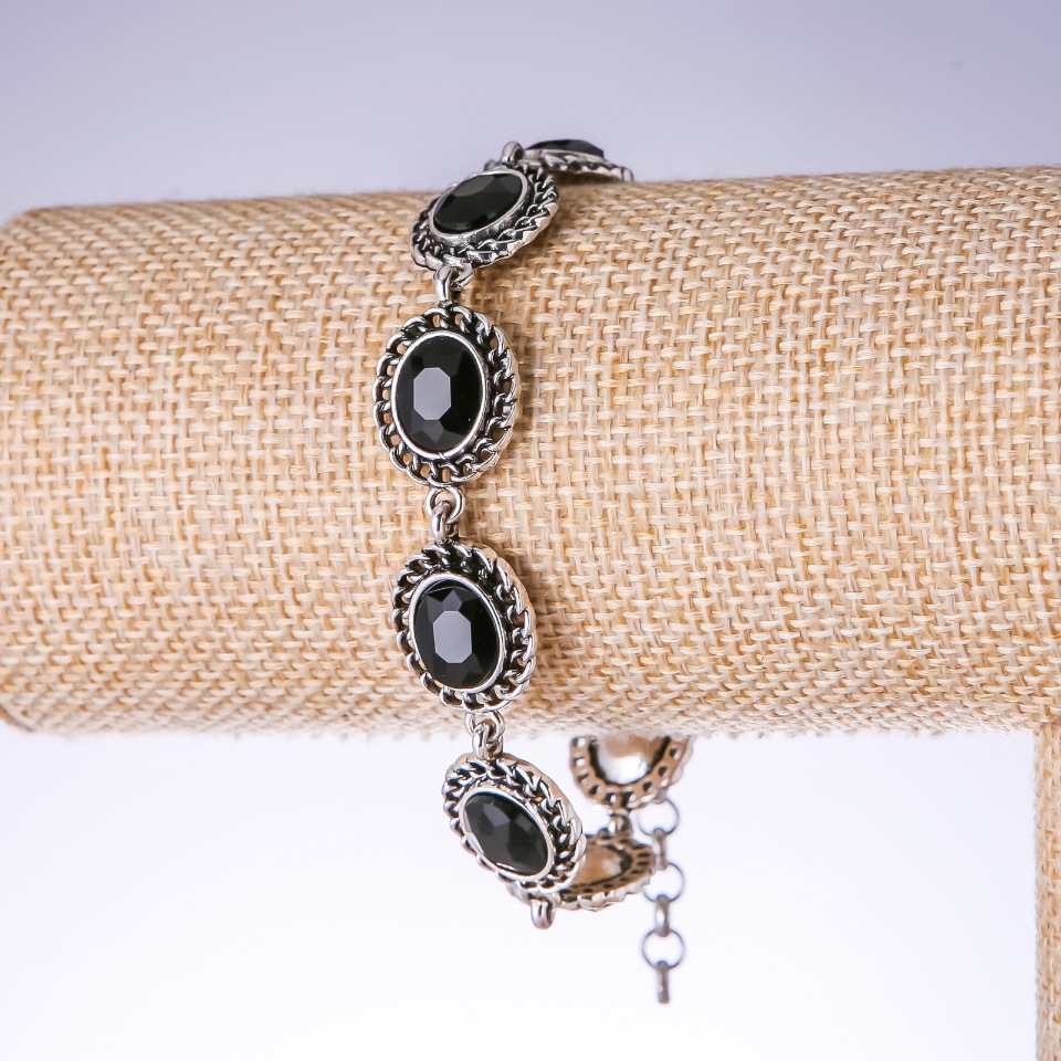 Evening bracelet with black crystals, color 'old silver', width 15 mm, length 19-25 cm
