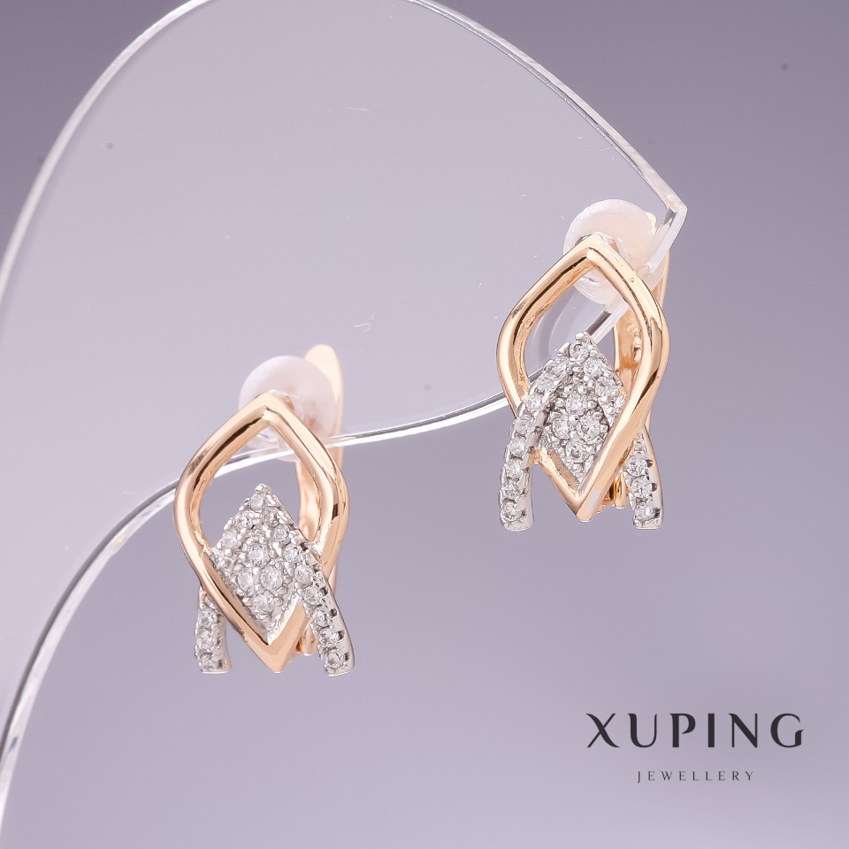 Xuping Earrings with White Crystals, 14x9 mm, Rhodium-Plated and 18k Gold-Plated
