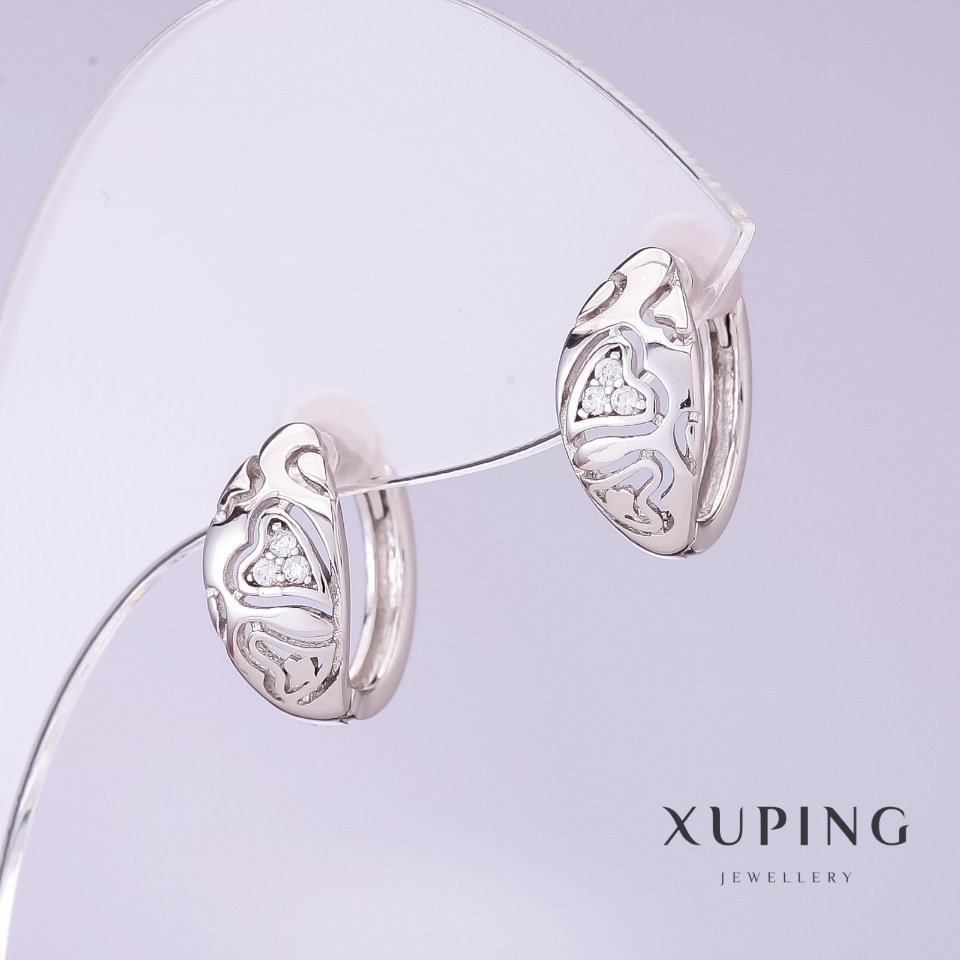 Xuping Carved Heart Earrings, 7 mm Diameter, 15 mm Length, Rhodium