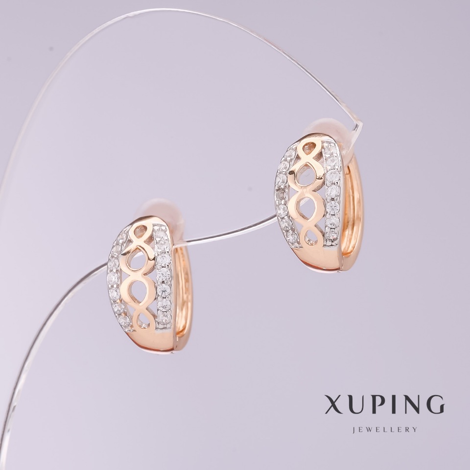 Xuping Earrings with White Crystals, 7 mm Diameter, 13 mm Length, 18k Gold Plating, Rhodium