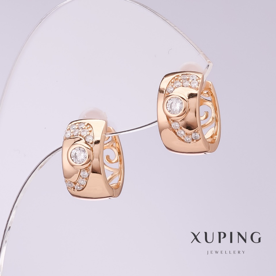 Xuping Earrings with White Crystals, 7 mm Diameter, 14 mm Length, 18K Gold Plating